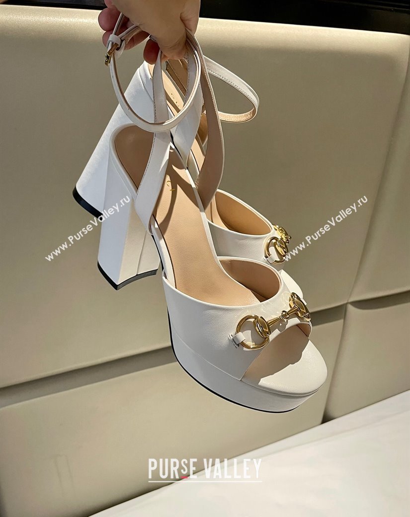 Gucci Leather Horsebit High Heel Platform Sandals 11cm White 2024 GG111904 (MD-241119046)