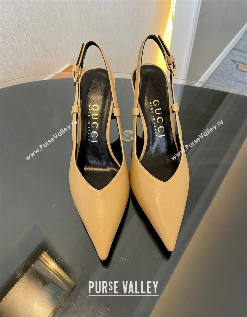 Gucci Leather Slingback Pumps 8.5cm with Gold-Tone Heel Beige 2024 762378 (MD-241119050)