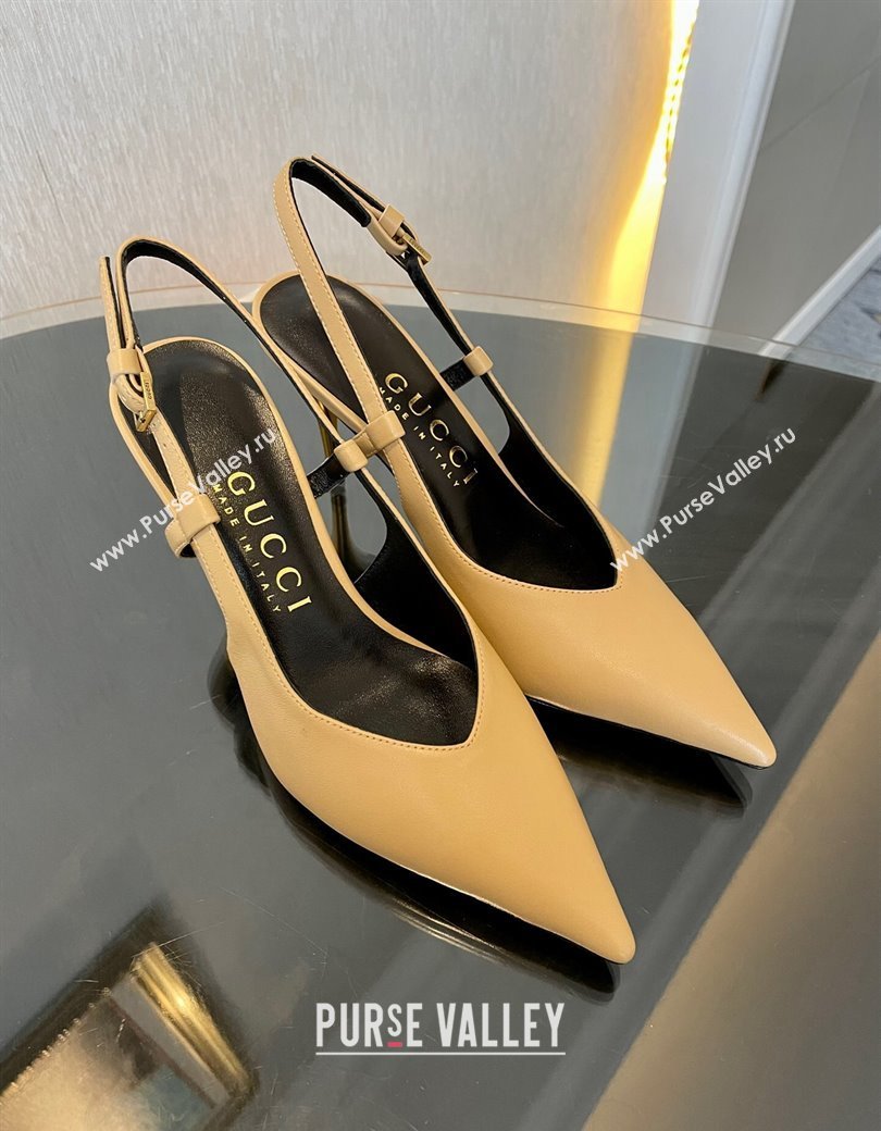 Gucci Leather Slingback Pumps 8.5cm with Gold-Tone Heel Beige 2024 762378 (MD-241119050)