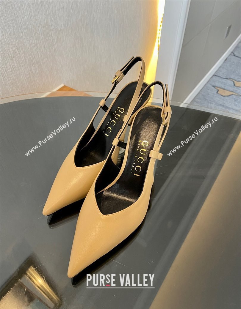 Gucci Leather Slingback Pumps 8.5cm with Gold-Tone Heel Beige 2024 762378 (MD-241119050)