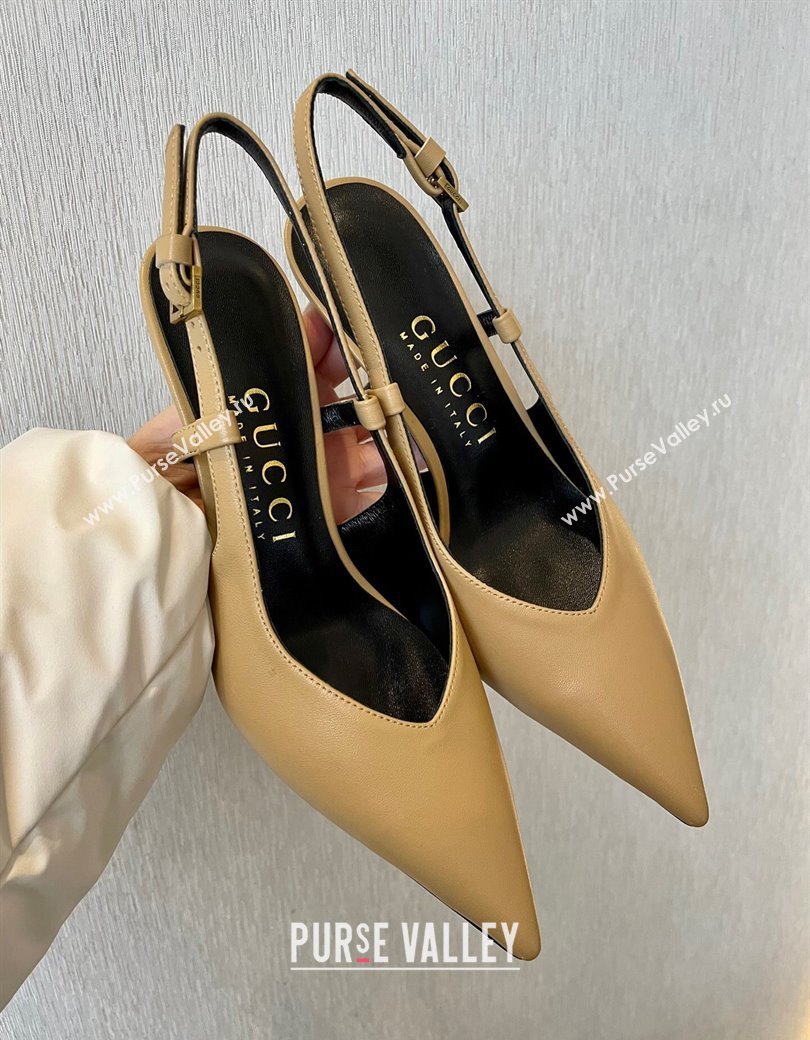 Gucci Leather Slingback Pumps 8.5cm with Gold-Tone Heel Beige 2024 762378 (MD-241119050)