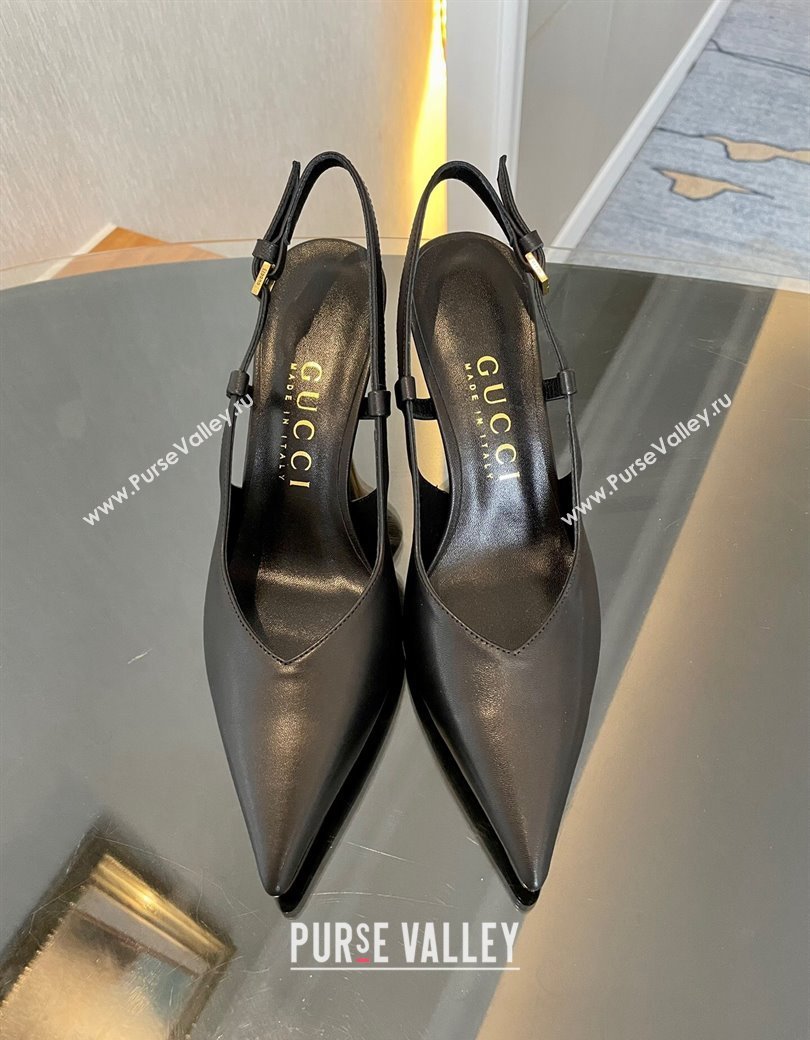 Gucci Leather Slingback Pumps 8.5cm with Gold-Tone Heel Black 2024 762378 (MD-241119051)