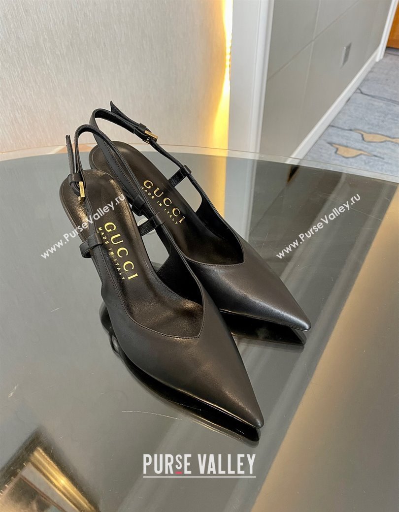 Gucci Leather Slingback Pumps 8.5cm with Gold-Tone Heel Black 2024 762378 (MD-241119051)