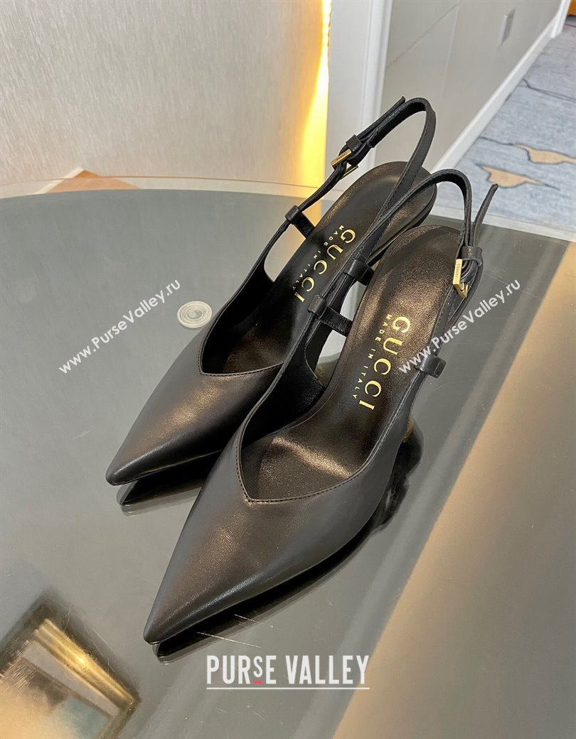 Gucci Leather Slingback Pumps 8.5cm with Gold-Tone Heel Black 2024 762378 (MD-241119051)