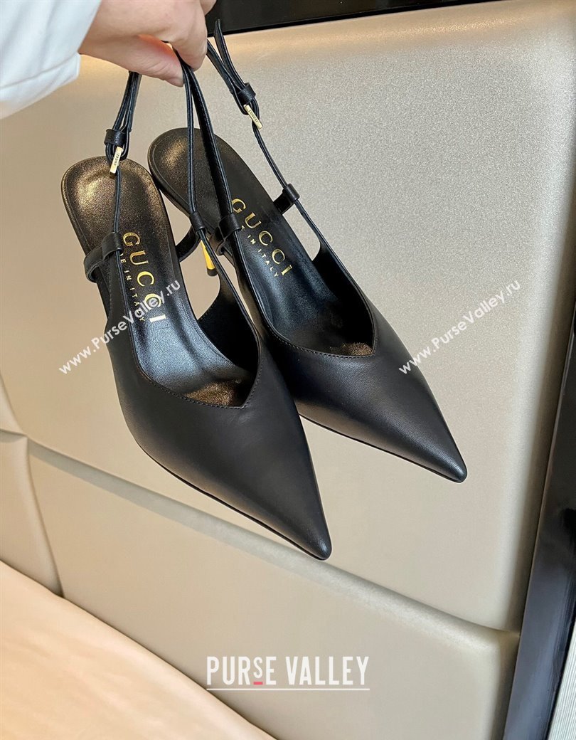 Gucci Leather Slingback Pumps 8.5cm with Gold-Tone Heel Black 2024 762378 (MD-241119051)