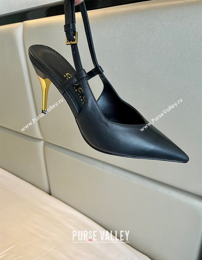 Gucci Leather Slingback Pumps 8.5cm with Gold-Tone Heel Black 2024 762378 (MD-241119051)