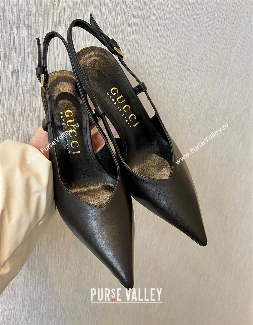 Gucci Leather Slingback Pumps 8.5cm with Gold-Tone Heel Black 2024 762378 (MD-241119051)