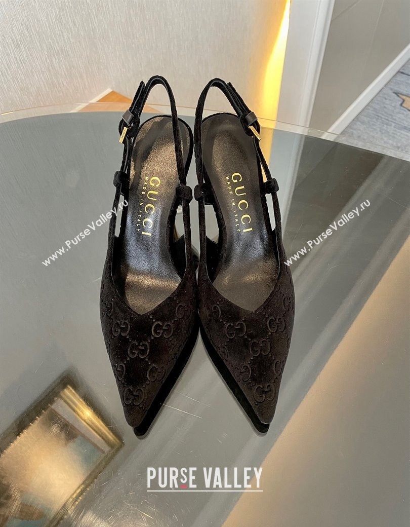 Gucci GG Velvet Slingback Pumps 8.5cm with Gold-Tone Heel Black 2024 762378 (MD-241119052)