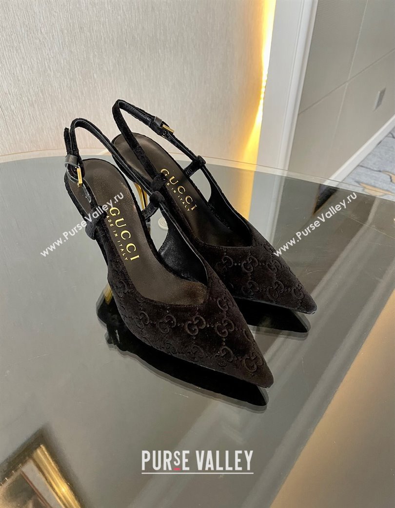 Gucci GG Velvet Slingback Pumps 8.5cm with Gold-Tone Heel Black 2024 762378 (MD-241119052)