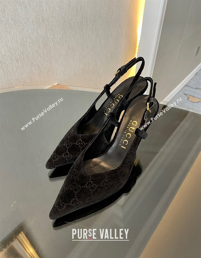 Gucci GG Velvet Slingback Pumps 8.5cm with Gold-Tone Heel Black 2024 762378 (MD-241119052)