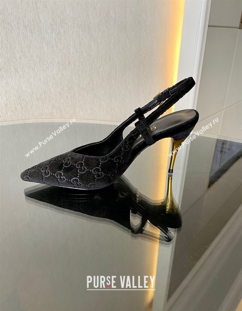 Gucci GG Velvet Slingback Pumps 8.5cm with Gold-Tone Heel Black 2024 762378 (MD-241119052)