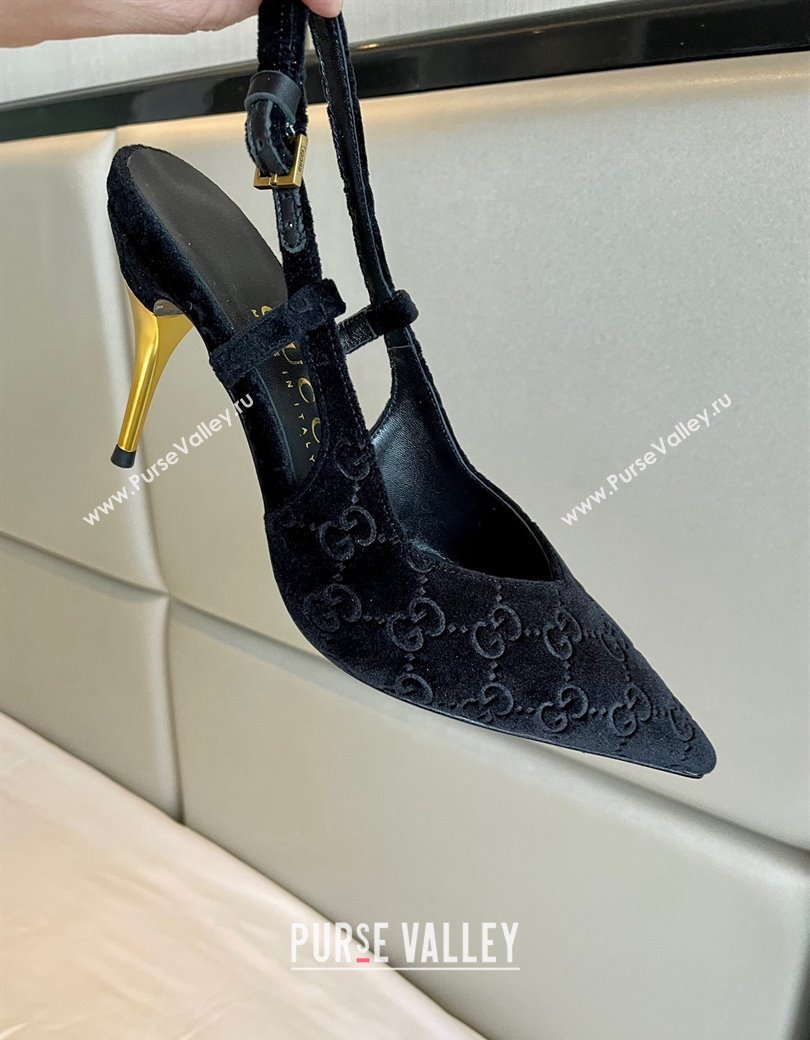 Gucci GG Velvet Slingback Pumps 8.5cm with Gold-Tone Heel Black 2024 762378 (MD-241119052)