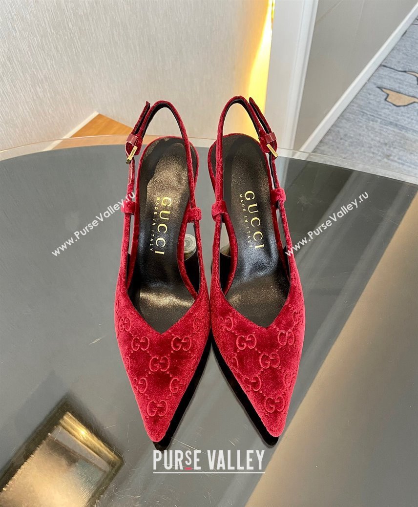 Gucci GG Velvet Slingback Pumps 8.5cm with Gold-Tone Heel Red 2024 762378 (MD-241119053)