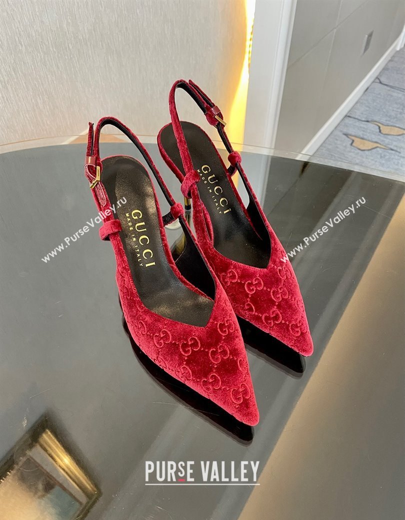 Gucci GG Velvet Slingback Pumps 8.5cm with Gold-Tone Heel Red 2024 762378 (MD-241119053)