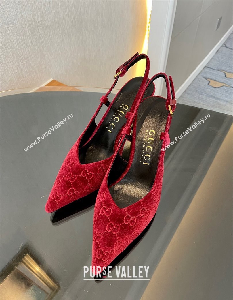 Gucci GG Velvet Slingback Pumps 8.5cm with Gold-Tone Heel Red 2024 762378 (MD-241119053)