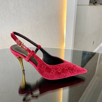 Gucci GG Velvet Slingback Pumps 8.5cm with Gold-Tone Heel Red 2024 762378 (MD-241119053)