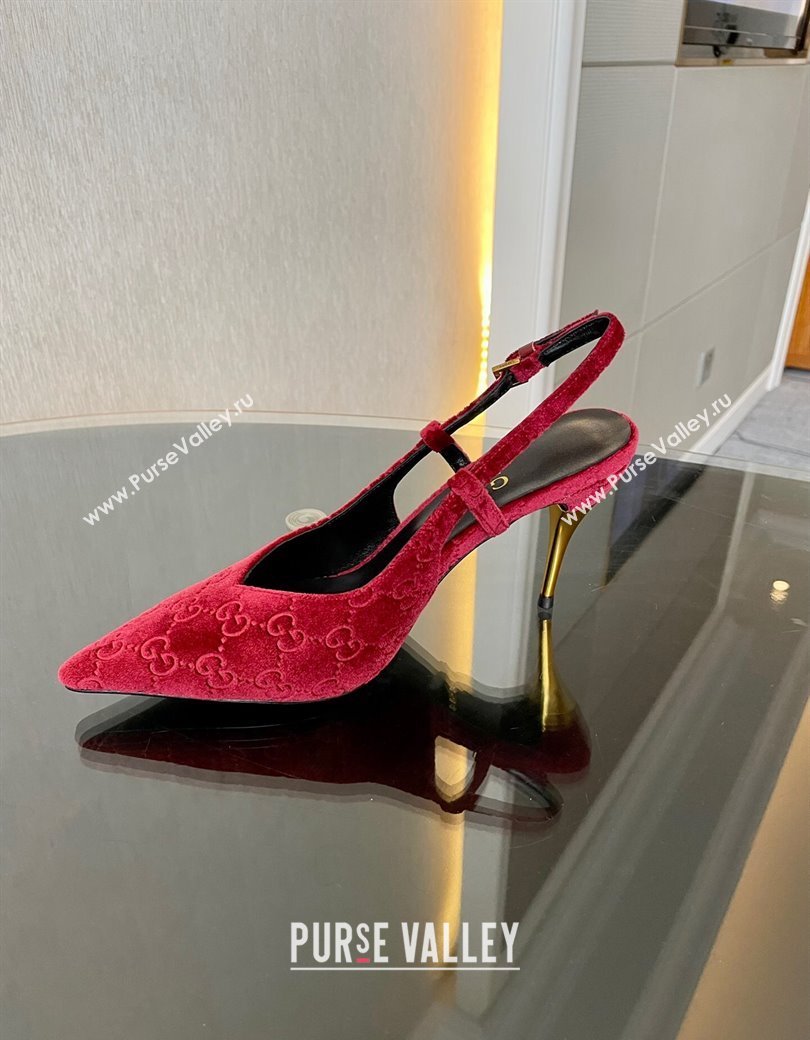 Gucci GG Velvet Slingback Pumps 8.5cm with Gold-Tone Heel Red 2024 762378 (MD-241119053)