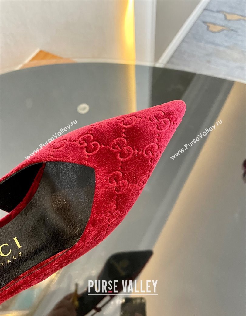 Gucci GG Velvet Slingback Pumps 8.5cm with Gold-Tone Heel Red 2024 762378 (MD-241119053)