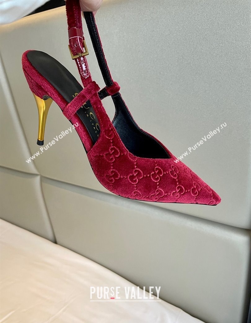 Gucci GG Velvet Slingback Pumps 8.5cm with Gold-Tone Heel Red 2024 762378 (MD-241119053)