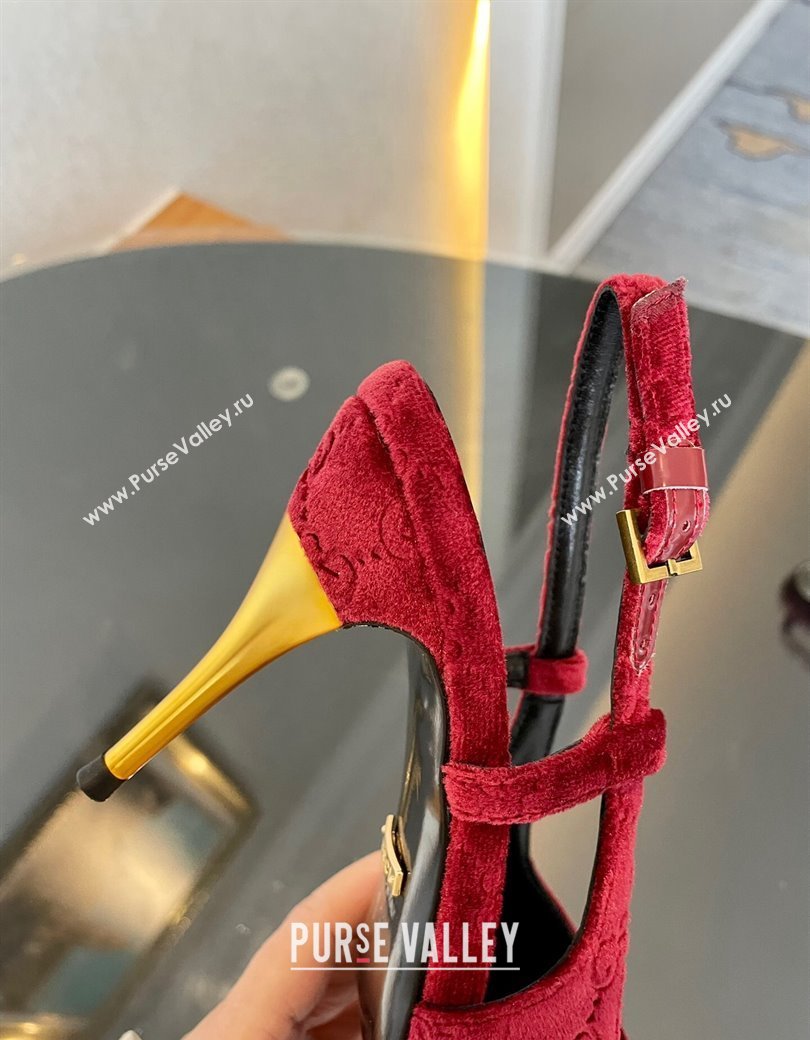 Gucci GG Velvet Slingback Pumps 8.5cm with Gold-Tone Heel Red 2024 762378 (MD-241119053)