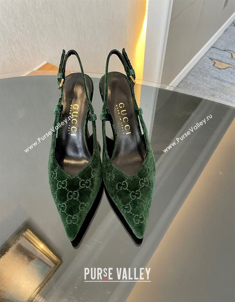 Gucci GG Velvet Slingback Pumps 8.5cm with Gold-Tone Heel Green 2024 762378 (MD-241119054)