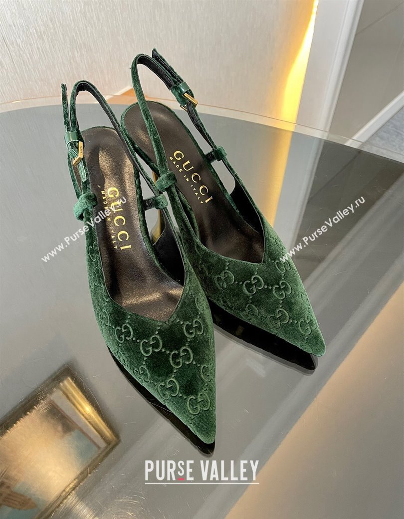 Gucci GG Velvet Slingback Pumps 8.5cm with Gold-Tone Heel Green 2024 762378 (MD-241119054)