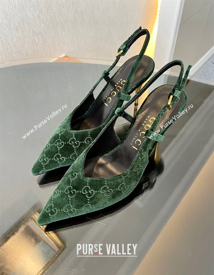 Gucci GG Velvet Slingback Pumps 8.5cm with Gold-Tone Heel Green 2024 762378 (MD-241119054)