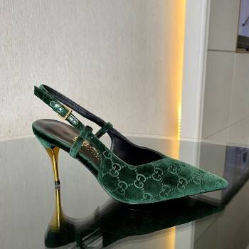 Gucci GG Velvet Slingback Pumps 8.5cm with Gold-Tone Heel Green 2024 762378 (MD-241119054)