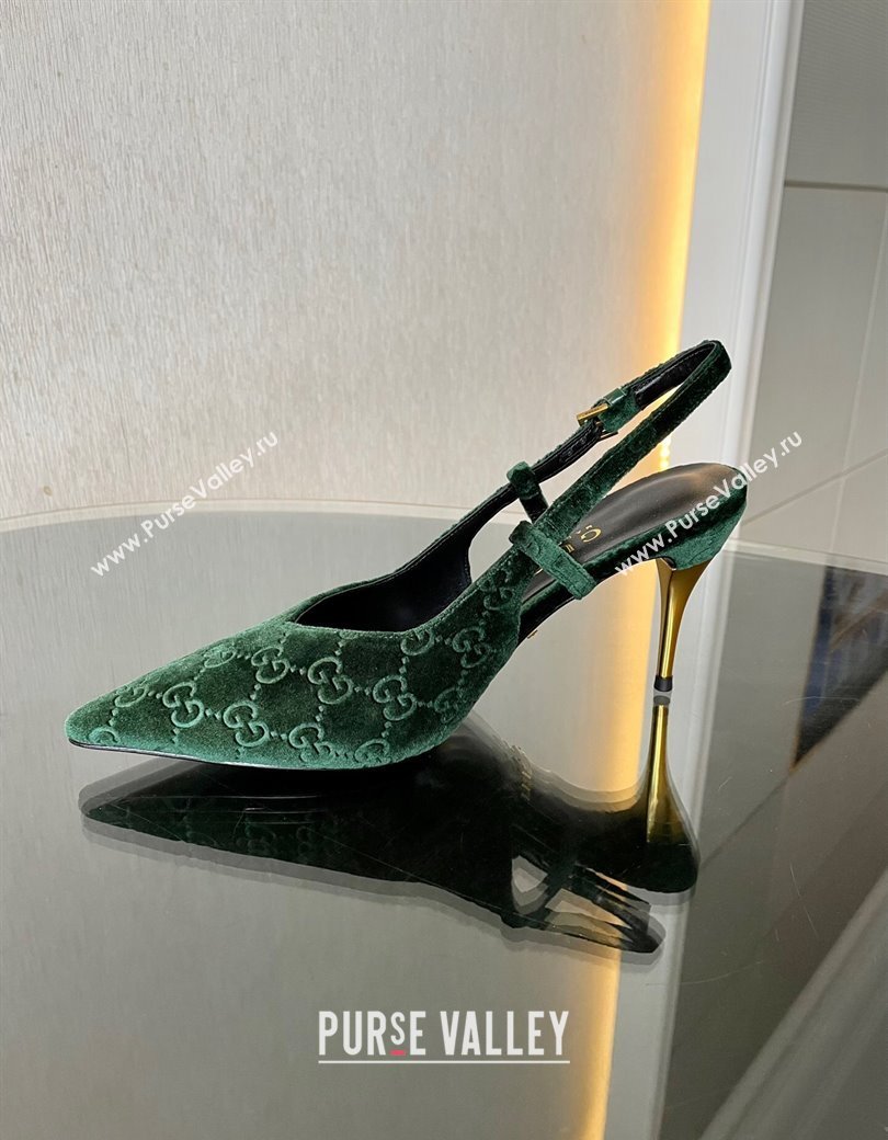 Gucci GG Velvet Slingback Pumps 8.5cm with Gold-Tone Heel Green 2024 762378 (MD-241119054)