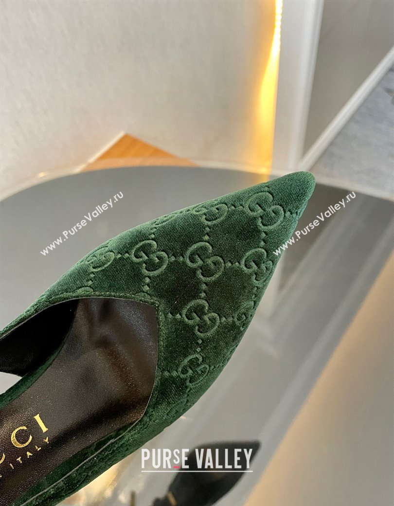 Gucci GG Velvet Slingback Pumps 8.5cm with Gold-Tone Heel Green 2024 762378 (MD-241119054)