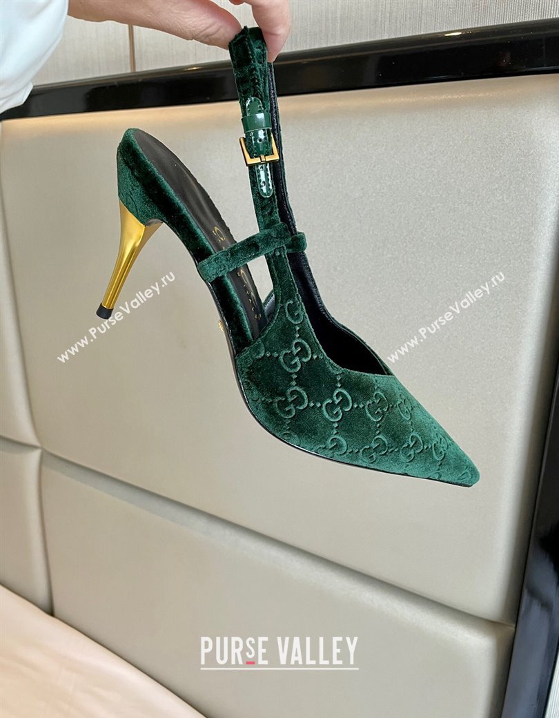 Gucci GG Velvet Slingback Pumps 8.5cm with Gold-Tone Heel Green 2024 762378 (MD-241119054)