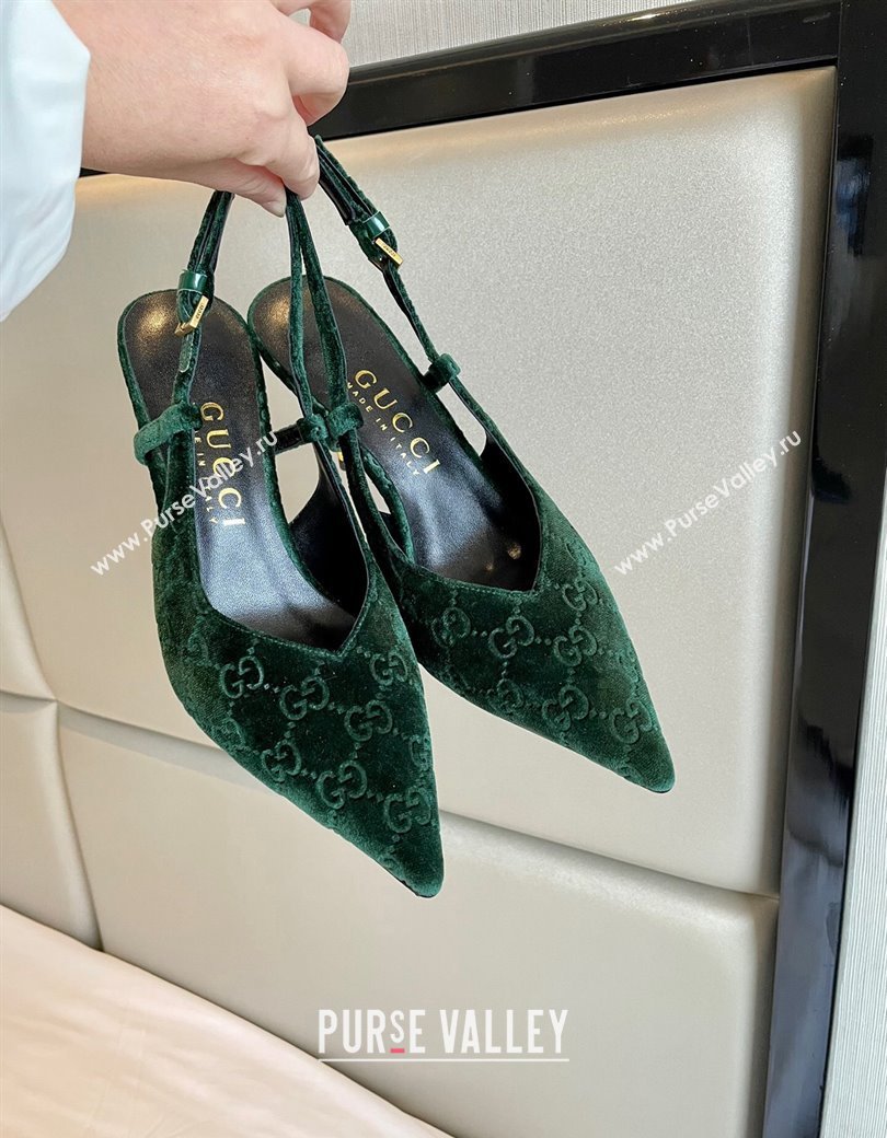 Gucci GG Velvet Slingback Pumps 8.5cm with Gold-Tone Heel Green 2024 762378 (MD-241119054)