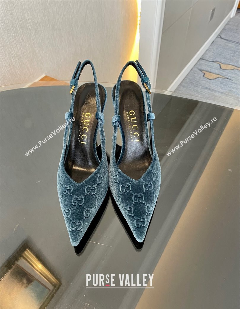 Gucci GG Velvet Slingback Pumps 8.5cm with Gold-Tone Heel Blue 2024 762378 (MD-241119055)