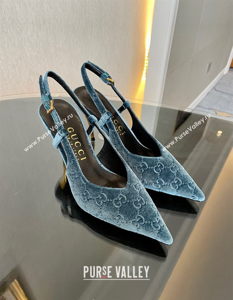 Gucci GG Velvet Slingback Pumps 8.5cm with Gold-Tone Heel Blue 2024 762378 (MD-241119055)