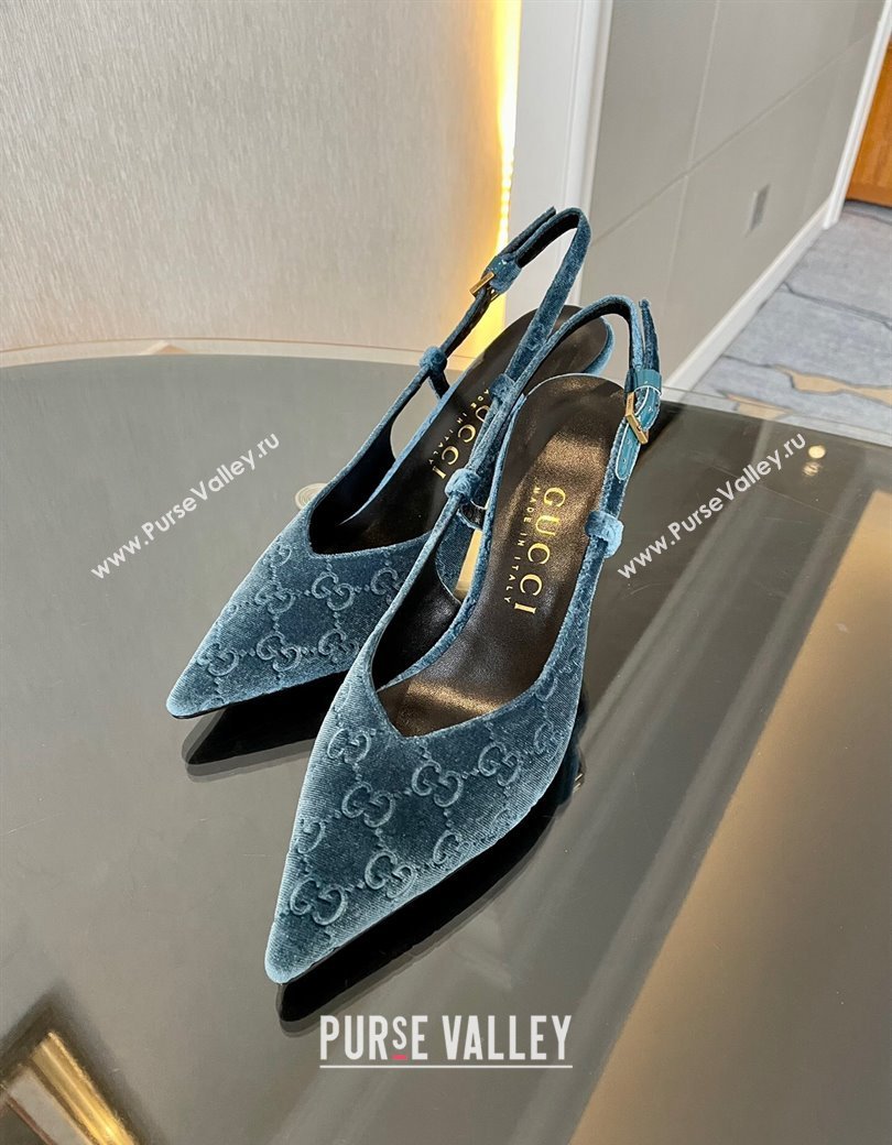 Gucci GG Velvet Slingback Pumps 8.5cm with Gold-Tone Heel Blue 2024 762378 (MD-241119055)