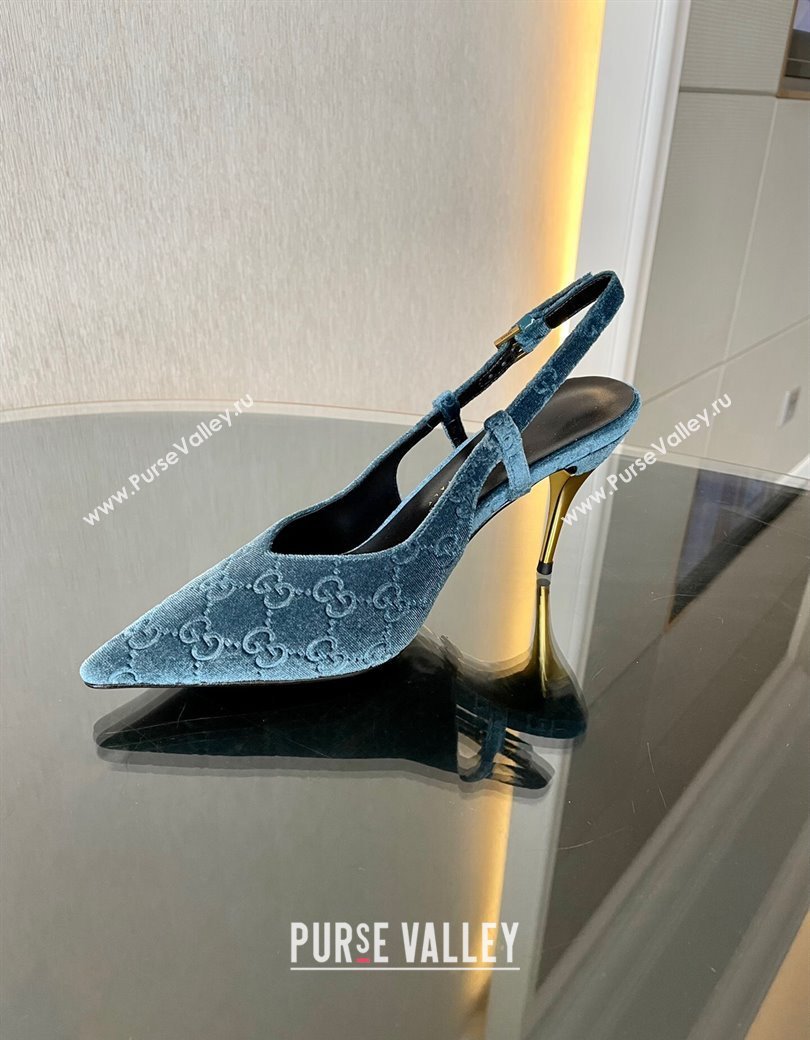 Gucci GG Velvet Slingback Pumps 8.5cm with Gold-Tone Heel Blue 2024 762378 (MD-241119055)