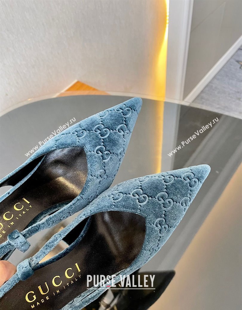 Gucci GG Velvet Slingback Pumps 8.5cm with Gold-Tone Heel Blue 2024 762378 (MD-241119055)