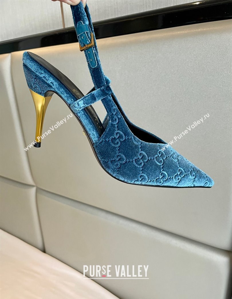 Gucci GG Velvet Slingback Pumps 8.5cm with Gold-Tone Heel Blue 2024 762378 (MD-241119055)