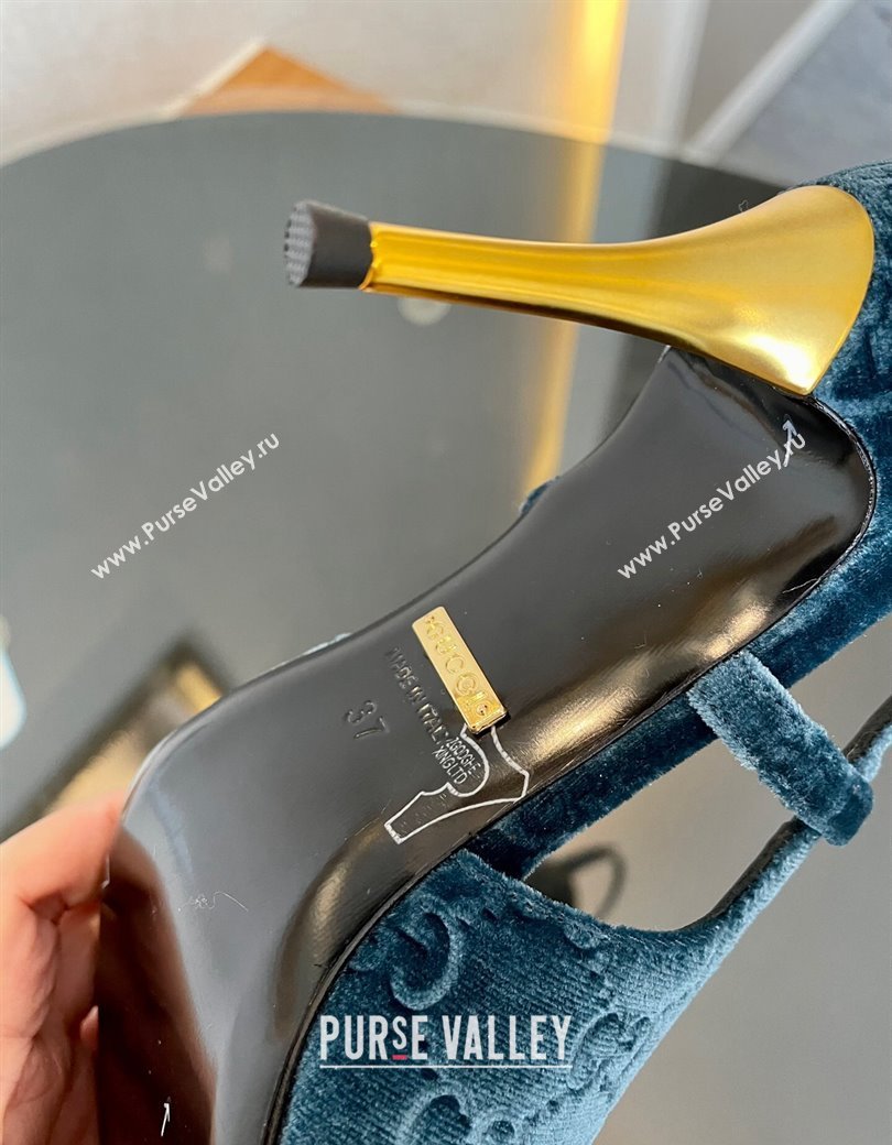 Gucci GG Velvet Slingback Pumps 8.5cm with Gold-Tone Heel Blue 2024 762378 (MD-241119055)