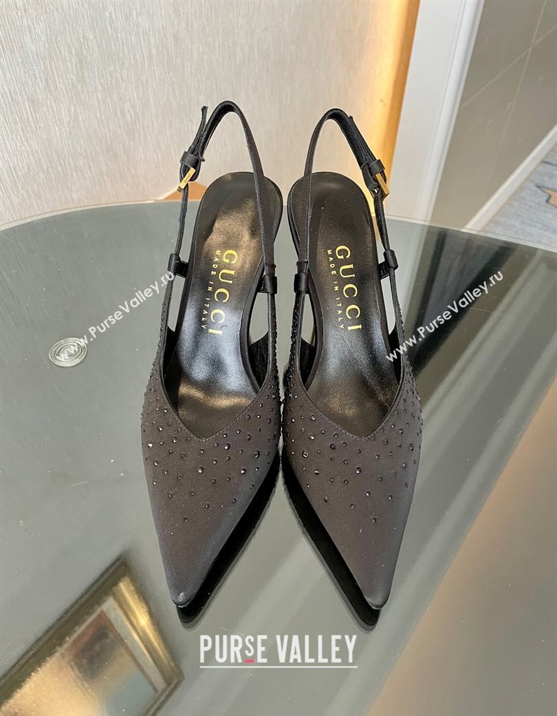 Gucci Satin Slingback Pumps 8.5cm with Gold-Tone Heel and Strass Black 2024 762378 (MD-241119056)