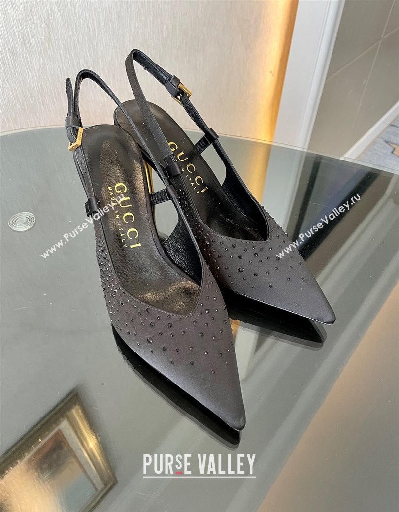 Gucci Satin Slingback Pumps 8.5cm with Gold-Tone Heel and Strass Black 2024 762378 (MD-241119056)