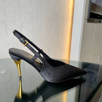 Gucci Satin Slingback Pumps 8.5cm with Gold-Tone Heel and Strass Black 2024 762378 (MD-241119056)