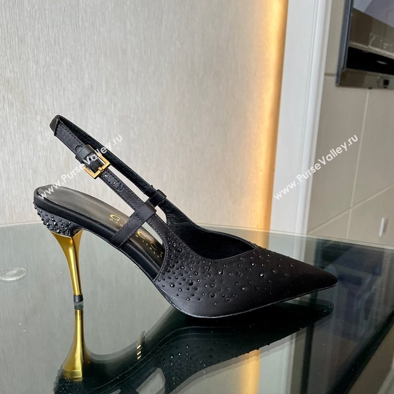 Gucci Satin Slingback Pumps 8.5cm with Gold-Tone Heel and Strass Black 2024 762378 (MD-241119056)