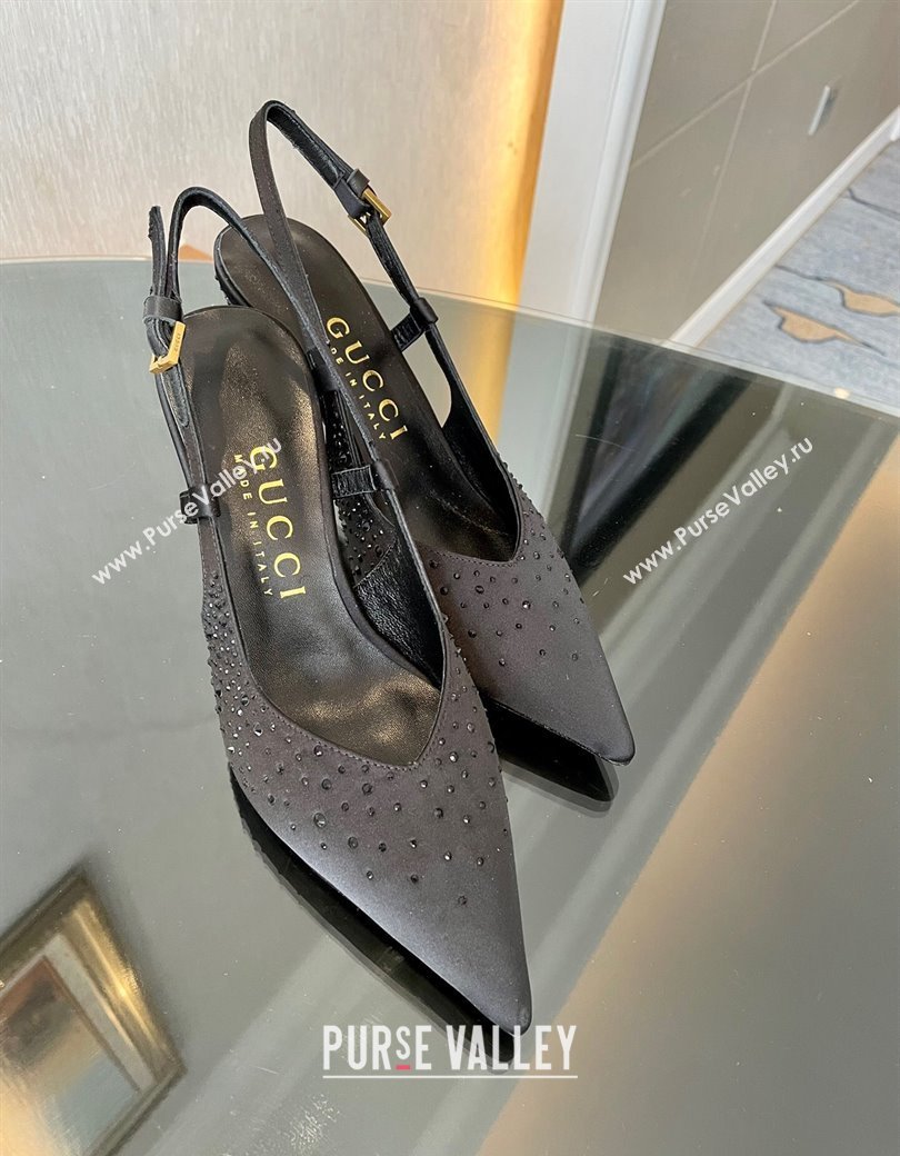 Gucci Satin Slingback Pumps 8.5cm with Gold-Tone Heel and Strass Black 2024 762378 (MD-241119056)