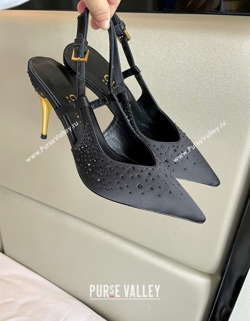 Gucci Satin Slingback Pumps 8.5cm with Gold-Tone Heel and Strass Black 2024 762378 (MD-241119056)