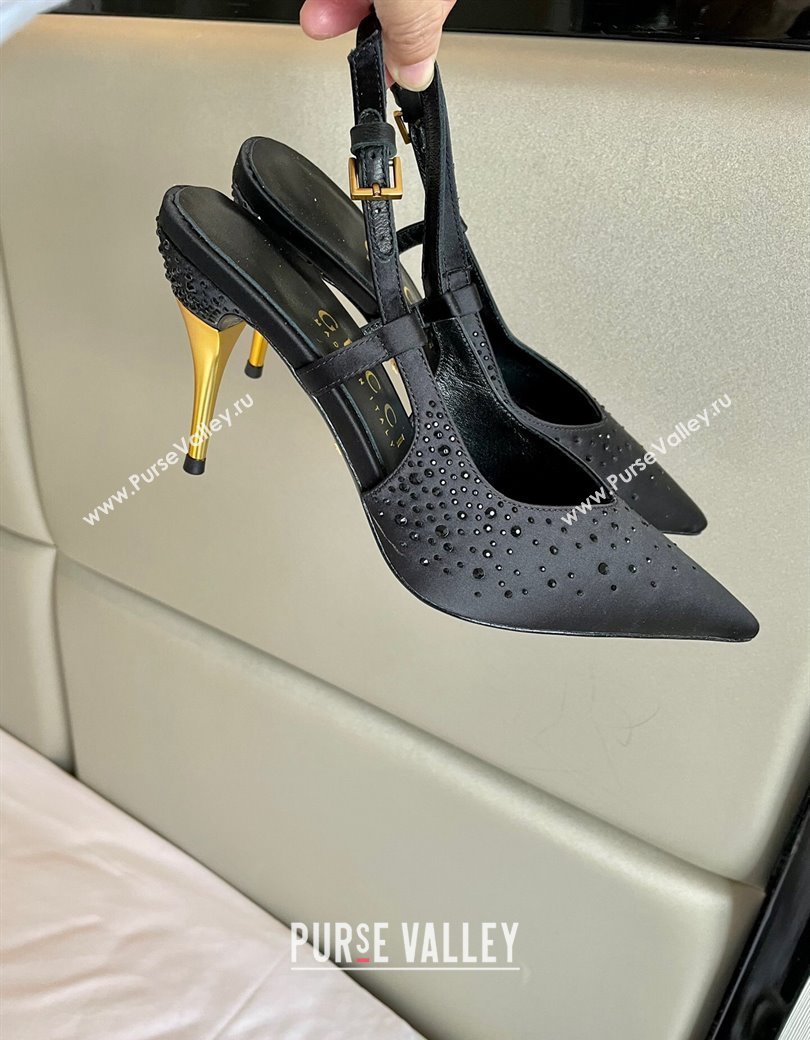 Gucci Satin Slingback Pumps 8.5cm with Gold-Tone Heel and Strass Black 2024 762378 (MD-241119056)