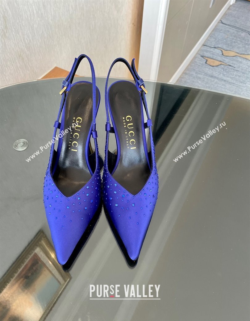 Gucci Satin Slingback Pumps 8.5cm with Gold-Tone Heel and Strass Blue 2024 762378 (MD-241119060)