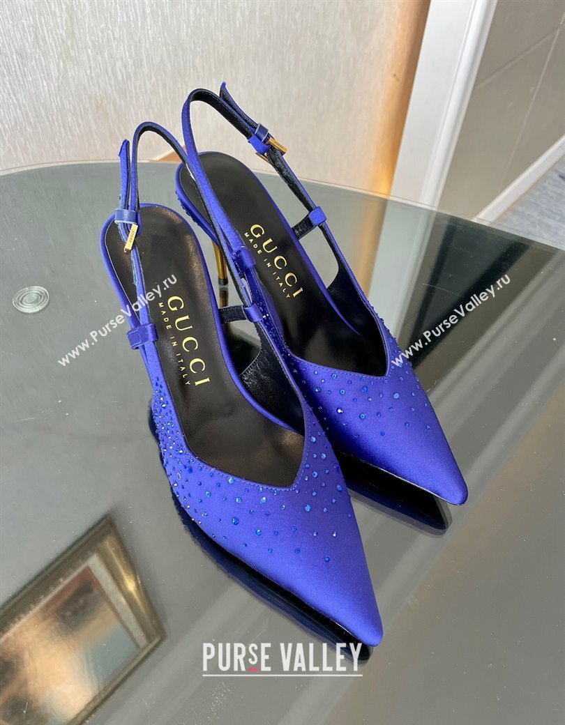 Gucci Satin Slingback Pumps 8.5cm with Gold-Tone Heel and Strass Blue 2024 762378 (MD-241119060)