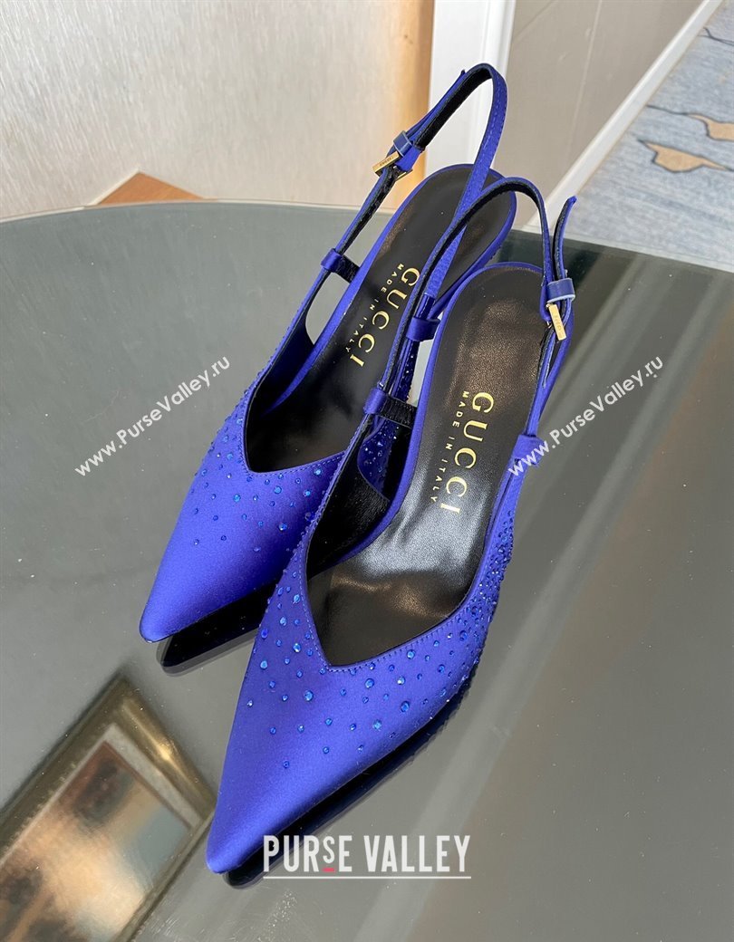 Gucci Satin Slingback Pumps 8.5cm with Gold-Tone Heel and Strass Blue 2024 762378 (MD-241119060)