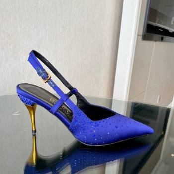 Gucci Satin Slingback Pumps 8.5cm with Gold-Tone Heel and Strass Blue 2024 762378 (MD-241119060)